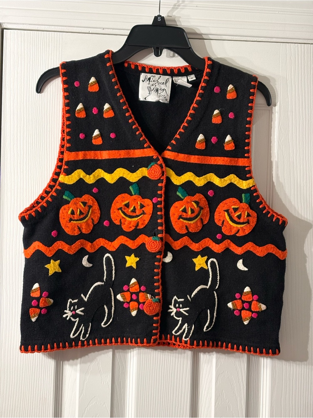 Vintage Michael Simon Halloween Vest 90s Y2K Cats Pumpkins Candy Size M